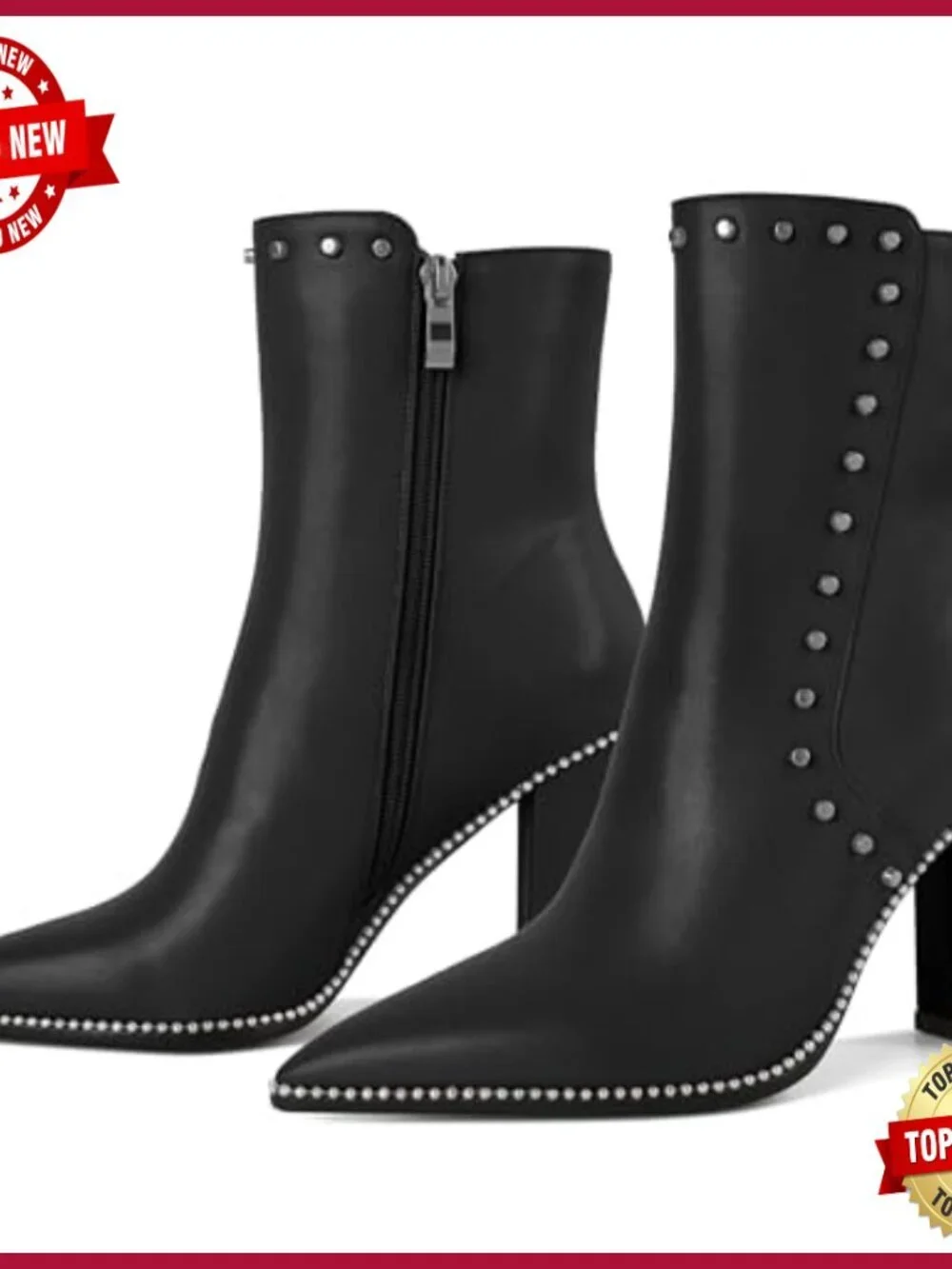 Pointed Toe Ankle Boots with Studs, Chunky 3.7 Inch Heel, Side Zipper Closure